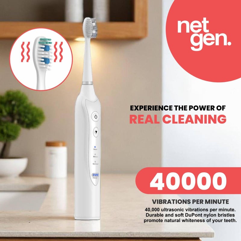 NetGen Sonic Electric Toothbrush for Adults with 5 Toothbrush Replacement Heads, 3 Brushing Modes & 2 Minutes Built-in Timer, Travel Toothbrushes with Inductive Charging, Rechargeable toothbrush | White - Image 5